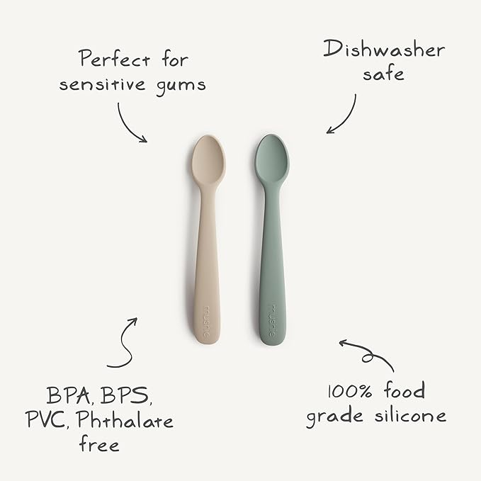 mushie Silicone Baby Feeding Spoons | 2 Pack (Cambridge Blue/Shifting Sand)