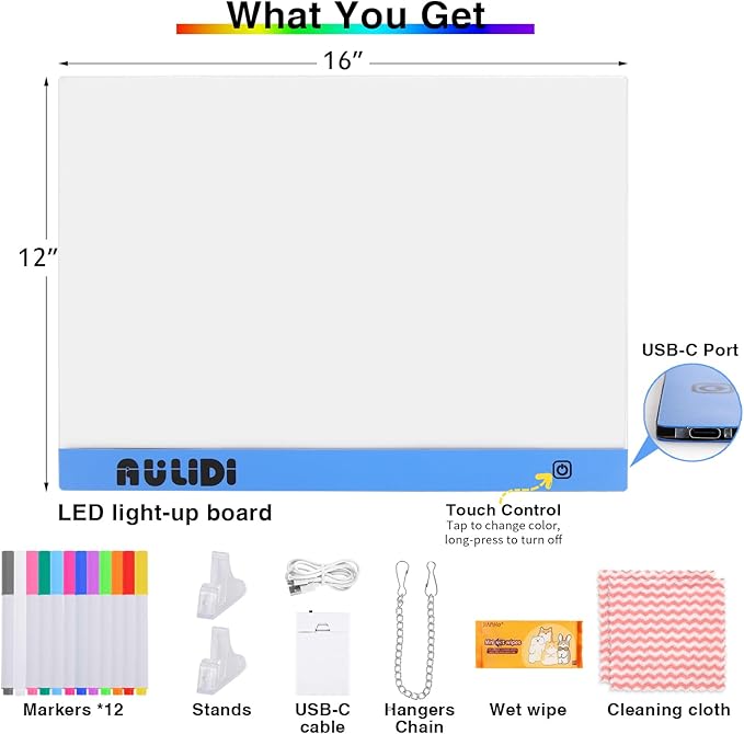 LED Note Board with Colors, Acrylic Dry Erase Board with Light, 16"x12" 6-Color Neon Glow Memo LED Light-Up Message Note Board, Drawing Board, LED Writing Pad with Touch Control (Stand/Hanging)