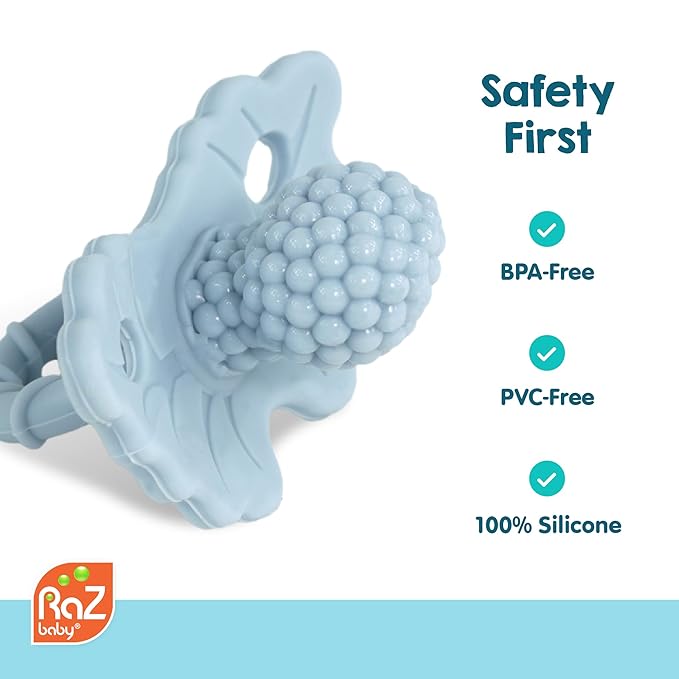 RaZbaby RaZberry Silicone Teether Pacifier – Teething Relief for Infants, Food-Grade, BPA-Free, Hands-Free Design, Natural Berrybumps Fruit Texture for Sensory Development, Freezable – Pink