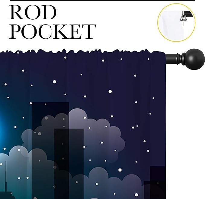 Superhero Rod Pocket Blackout Curtains for Boy Girl Bedroom, Violet Night Sky Buildings Cityscape Home Energy Efficient Light Filtering Window Curtain for Living Room,63x63 inch