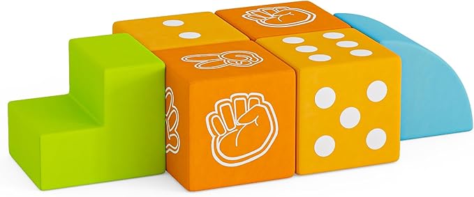UMOMO 6 PCS Foam Climbing Blocks for Toddlers, Dice & Rock-Paper-Scissors Game Modes, Colorful Modular Play Set for Kids - Safe Indoor Activity Toy for Preschool Playroom (Orange-Yellow)