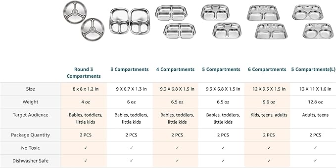 Korean Stainless Steel Divided Plates by KS&E, Little Kids Toddlers Babies small Tray, BPA Free, Diet Food Control, Compact Serving Platter, Snack, 5 Compartment Plate Silver, Set of 2