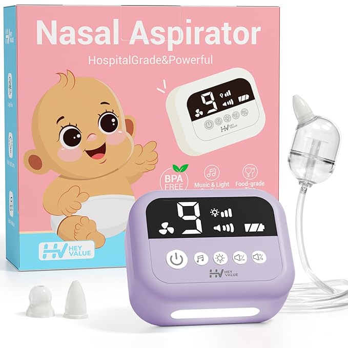 HEYVALUE Nasal Aspirator for Baby, Hospital Grade Nose Sucker with 9 Levels Suction, Night Light and Nursery Rhyme Soothing, Electric Nose Suction for Baby with Food-Grade Silicone Tips Purple