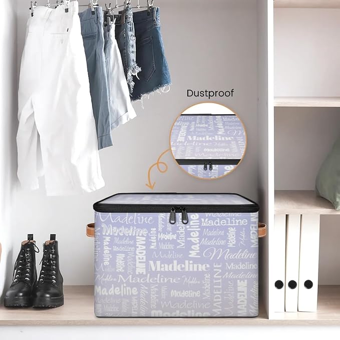 Custom Storage Basket with Name, Personalized Storage Bins with Zipper Lid, Foldable Fabric Storage Box Large capacity with Handle Purple White