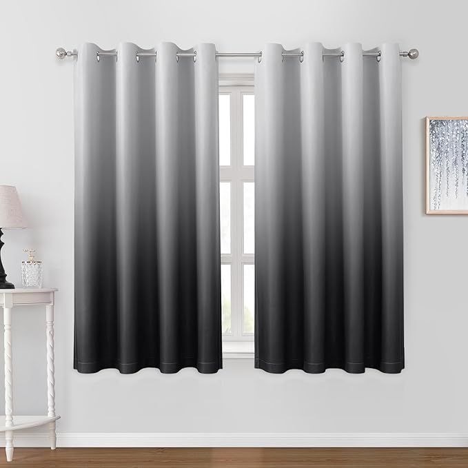 HOMEIDEAS Black Ombre Blackout Curtains 52 X 63 Inch Length Gradient Room Darkening Thermal Insulated Energy Saving Grommet 2 Panels Window Drapes for Living Room, Bedroom