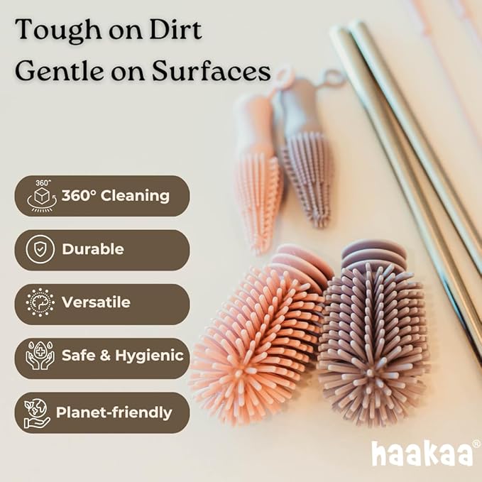 Haakaa Silicone Cleaning Brush Kit – Household Cleaning Brushes for Bottles and Crevices – Food-Grade Silicone: Dishwasher Safe (Kit-Grey)