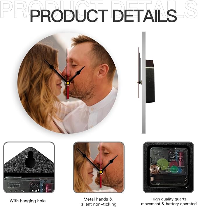 Generic Custom Clocks for Walls Personalized Picture Hanging Time Clocks That PVC Customized Round Silent Clock for Living Room Family Friends Gifts, 10inch-25cm