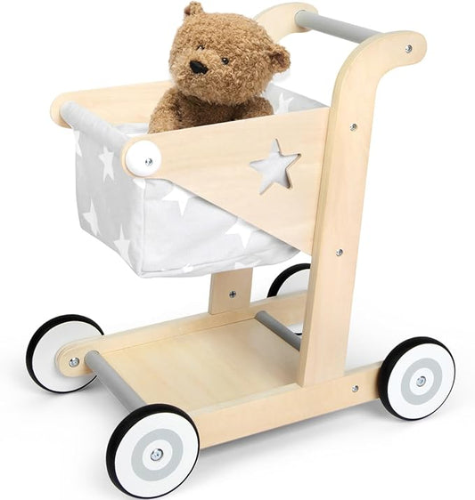 Asweets 2 in 1 Wooden Baby Walker Push and Pull Doll Stroller, Shopping Cart Learning Walker for Boys and Girls, Sit Stand Learning Toddler Toy (Grey)