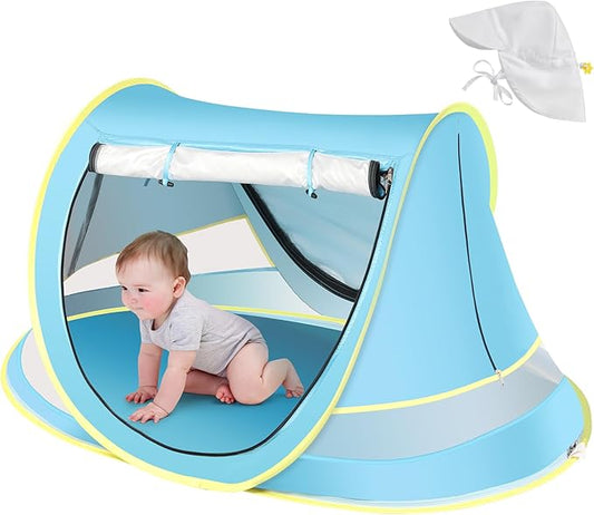Baby Beach Tent with Baby Hat, Pop Up Toddler Travel Bed with Sun Hat for Boys or Girls, Sun Shade for Toddler Camping, Infant Portable Sun Shade, Summer Beach Baby