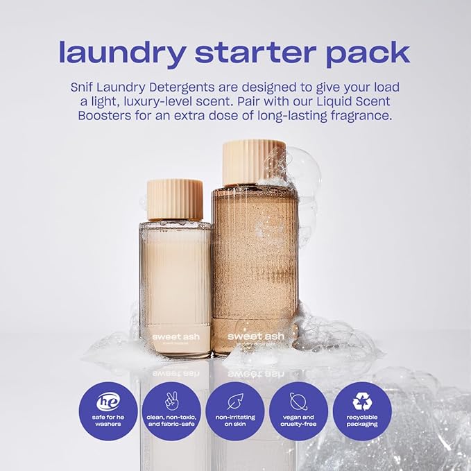 Snif Sweet Ash Laundry Detergent, Low Key Sweet and Earthy Scent, 64 Loads, Non-Irritating to Skin, Clean, Non-Toxic, Vegan, Cruelty Free, 32oz