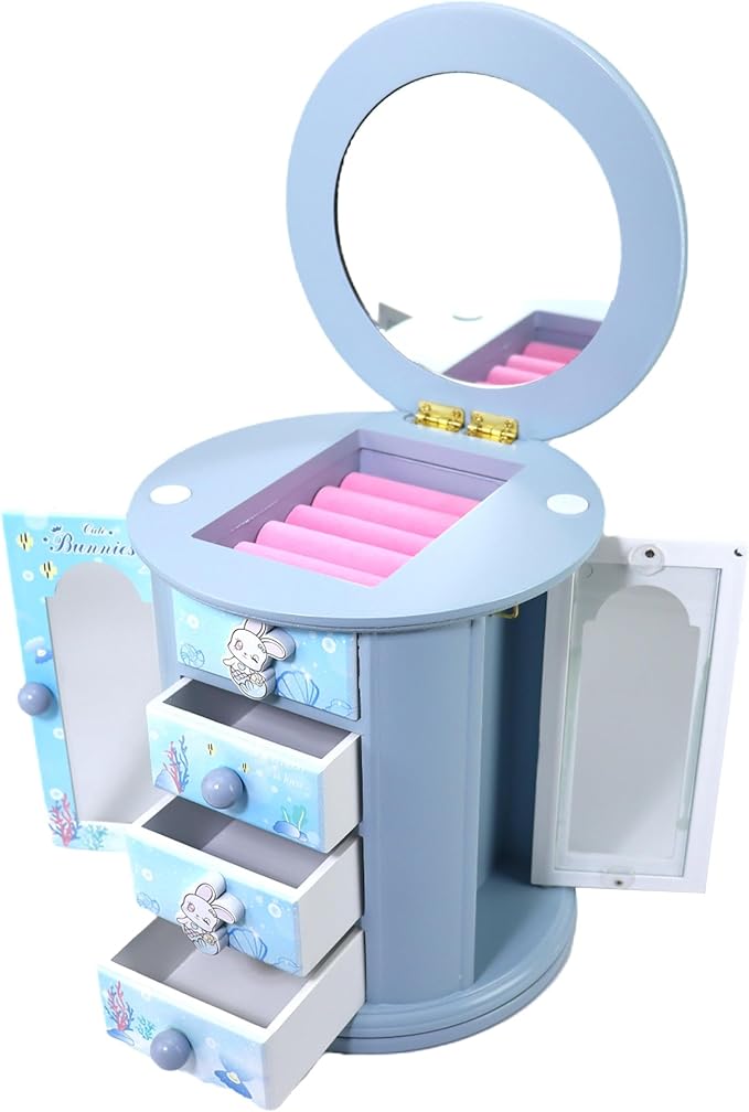 Girls Blue Cute Bunny Jewelry Box Organizer - Kids Gift for Little Girls