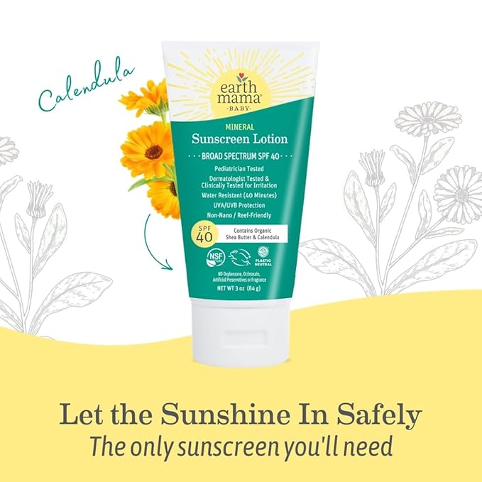 Earth Mama Baby Mineral Sunscreen Lotion SPF 40 | Non-Nano Zinc, Natural Water Resistant Sun Cream for Babies, Kids & Adults, 3-Ounce