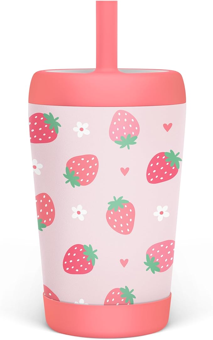 Kid Insulated Stainless Steel Tumbler with Silicone Straw, 12oz Sippy Cup for Kids (Strawberry)