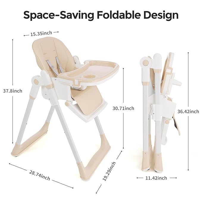 3-in-1 Foldable High Chair for Babies & Toddlers – Adjustable Height, Reclining Seat, 5-Point Safety Harness, Removable Tray, Lockable Wheels and Washable Cushion, Beige