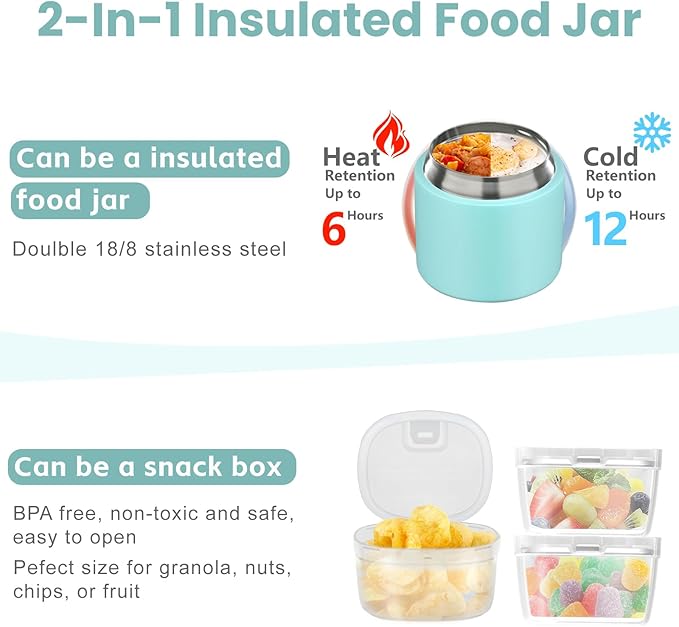 2-in-1 Insulated Food Jar & Snack Container - 15oz Kids Soup Thermos for Hot Food with Handle and Spoon, Leak Proof Reusable Toddler Snack Box, Perfect for School & Travel, Tiffany Blue