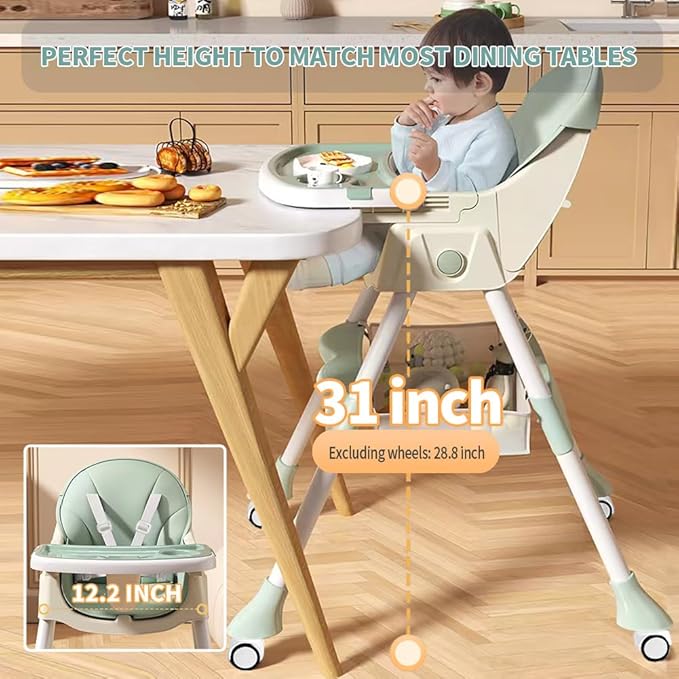 High Chairs for Babies and Toddlers, 4 in 1 Convertible Baby High Chair, Portable High Chair for Travel with Adjustable Height and Back, Foldable HighChair with Wheels& Pu Cushion (Green)