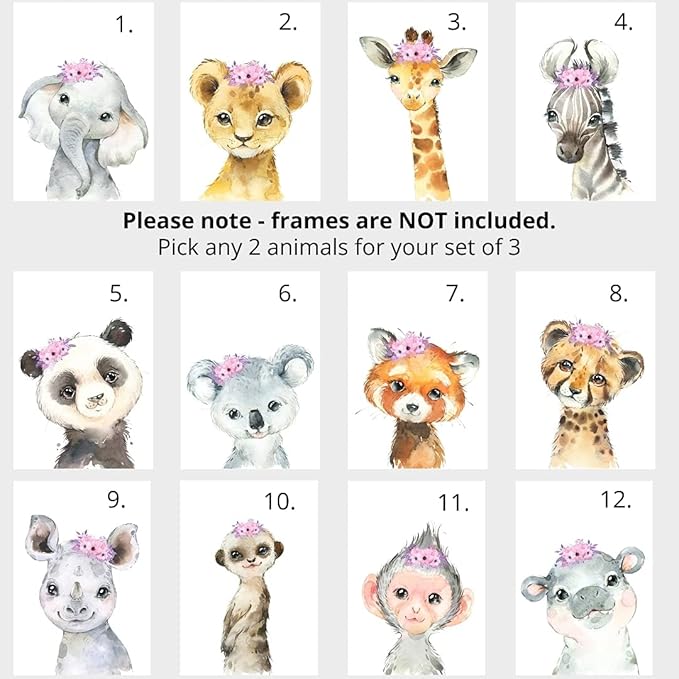 Personalized Safari Animals for Baby Girls Nursery, Set of 3 Unframed Poster Prints, Personalized Name Pink Lilac Floral, Girls Bedroom Decor, Elephant Giraffe (17x22)