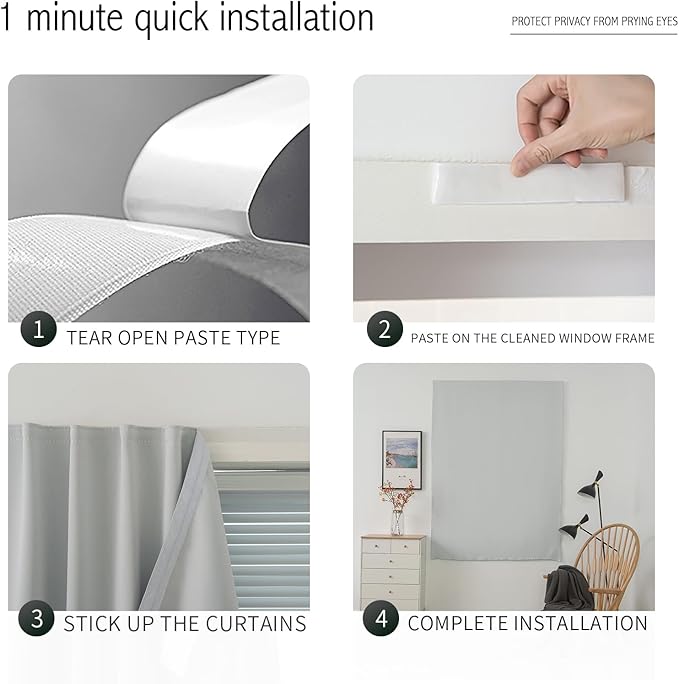 self Adhesive Curtains Portable Blackout Curtain Simple and Easy to Install Bedroom Window Thermal Lnsulated Kitchen Room Darkening Black Small Drapes, 59" W X 59" L, White, 1 Panel