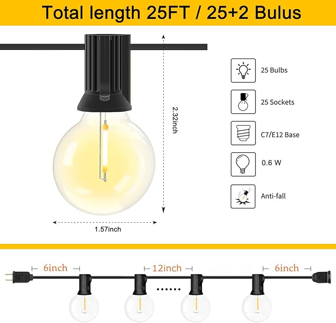 25Ft LED Outdoor String Lights Waterproof, Commercial Grade Patio String Lights with 27 G40 Warm White Bulbs, Hanging Outdoor Light for Backyard Wedding Garden Party Christmas Decorations-Black