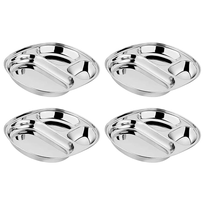 Ahimsa Stainless Steel Plates for Kids - Divided Plates for Toddlers, Pediatrician Designed, Non Toxic Toddler Plate, Camping Plate, BPA Free & Dishwasher Safe (Set of 4)
