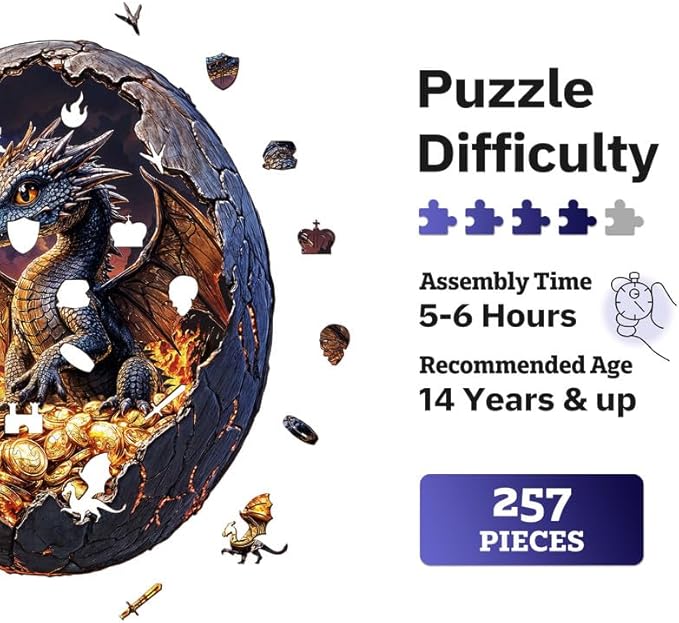 Jigfoxy Wooden Puzzle for Adults, Hatchling Dragon Wooden Jigsaw Puzzles for Adults, Unique Animal Shape Wood Cut Puzzles for Family Friend Puzzle Lovers(L-13.5 * 11.2in-257pcs)
