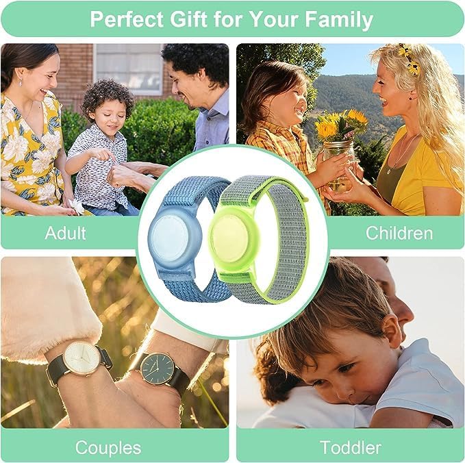 Kids Wristband Compatible with Apple AirTag, Protective Case for Air Tag GPS Tracker Holder with Nylon Bracelet, Adjustable Anti Lost Watch Band for Toddler Child Elder(Blue&Green)