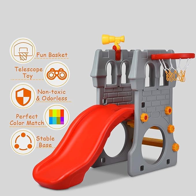 Costzon Toddler Slide Playground Climber Set, 5 in 1 Slide for Kids with Basketball Hoop, Telescope, Crawl Through Space, Easy Climb Stairs, Kids Large Slide Playset Gift for Both Indoor Outdoor Use