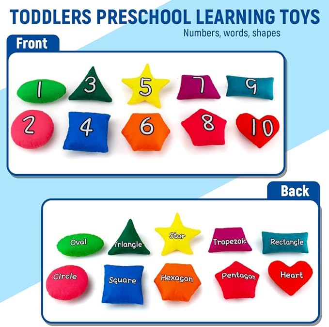 beetoy Shapes Bean Bags Matching Game - Toddler Preschool Learning Activities Memory for Numbers, Shapes, Colors, Words, Preschool Classroom Must Haves Learning Toys for Toddlers (10PCS) (Multicolor)