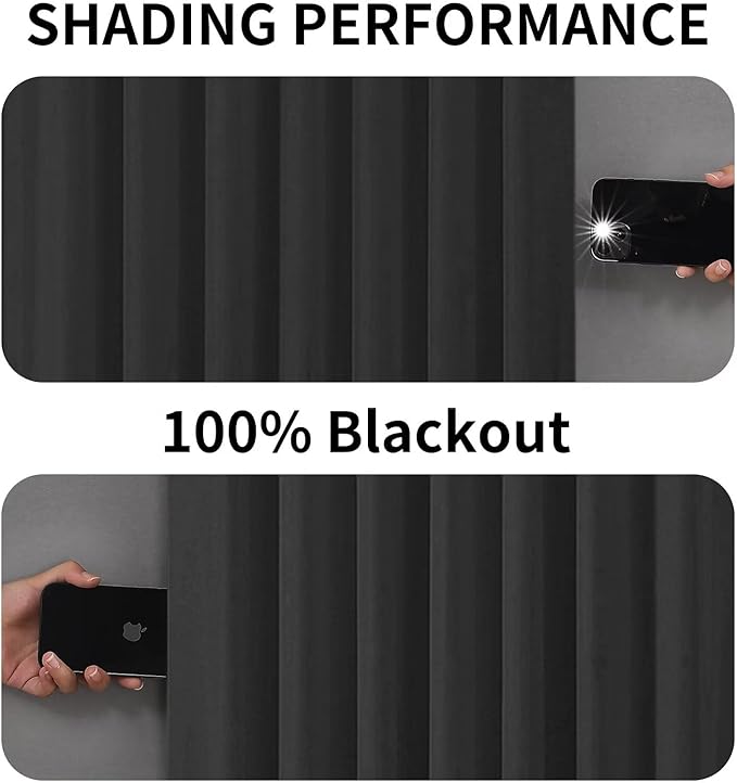 Joydeco 100% Blackout Curtains 108 inches Long for Bedroom Living Room - 2 Panels Set Burg Room Darkening Black Out Curtains for Bedroom Windows, Back tab Rod Pocket(52x108 inch,Black)