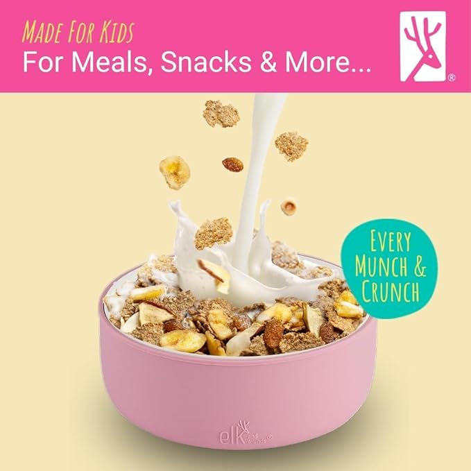 Elk and Friends Kids Porcelain Bowls with Silicone Sleeve | Kids/Toddler/Baby Feeding | Microwave & Dishwasher Safe | Non slip | Cereal/Soup/Snack Dishes & Dinnerware