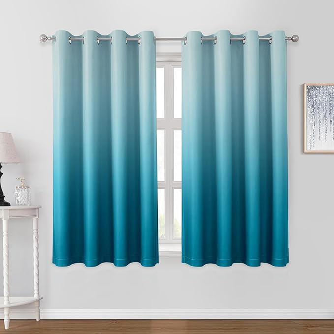 HOMEIDEAS Turquoise Ombre Blackout Curtains 52 X 63 Inch Length Gradient Room Darkening Thermal Insulated Energy Saving Grommet 2 Panels Window Drapes for Living Room, Bedroom