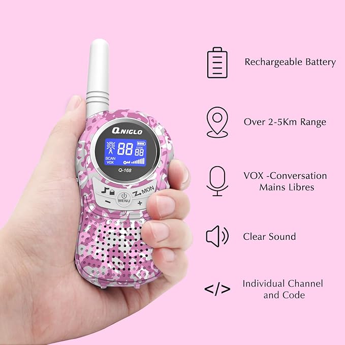 Qniglo Walkie Talkies for Kids - Rechargeable Kids Walkie Talkies with Clear Sound, Easy to Use, VOX, Perfect Birthday for 3-8 Year Old Boys Girls - Outdoor Adventures, Camping, Hiking