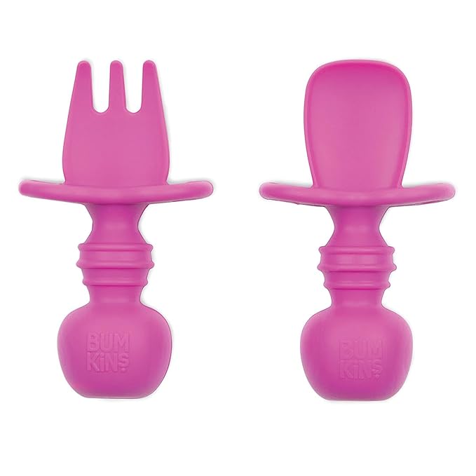 Bumkins Baby Utensils Set, Chewtensils Silicone Spoons for Dipping, Self-Feeding, Baby Led Weaning, Trainer Learning, First Stage Eating, Soft Practice Fork and Spoon, Babies 6 Months, Fuchsia