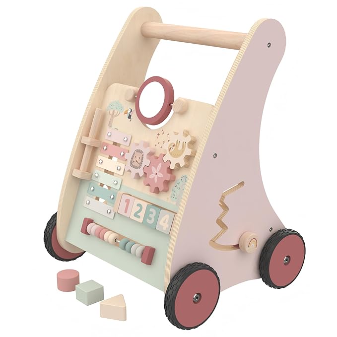 Pink Wooden Push Pull Sit to Stand Walker - Adjustable Learning Activity Center - Baby Learning to Walk - Educational Gift for Toddler Boy or Girl