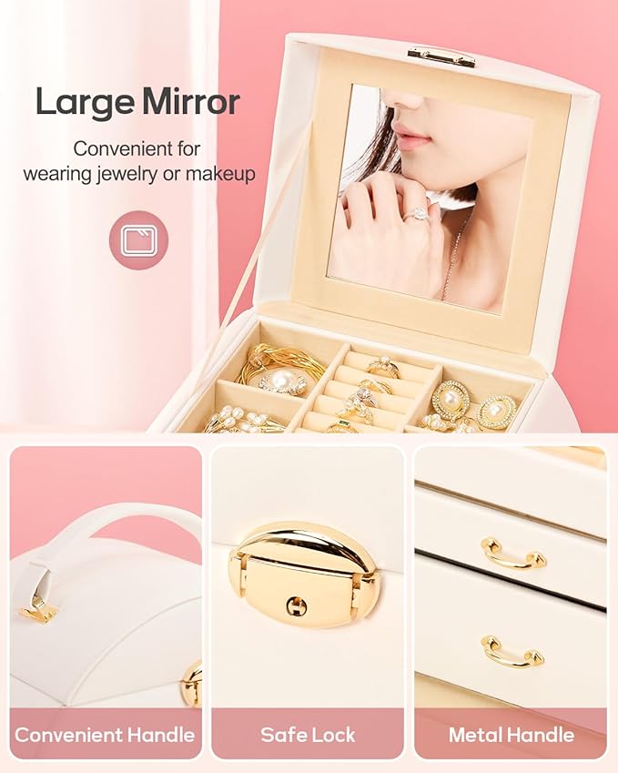 Homde Girls Jewelry Box Jewelry Storage Case Organizer with Mirror for Rings, Earrings, Bracelets, Necklaces (White + Gold)