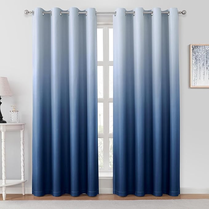 HOMEIDEAS Navy Blue Ombre Blackout Curtains 52 X 84 Inch Length Gradient Room Darkening Thermal Insulated Energy Saving Grommet 2 Panels Window Drapes for Living Room, Bedroom