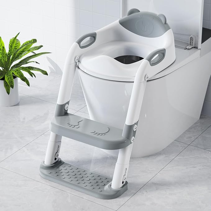 SKYROKU Toilet Potty Training Seat with Step Stool Ladder, Toddler Potty Seat for Kids and Toddler Boys Girls, Splash Guard and Safety Handles(Grey)