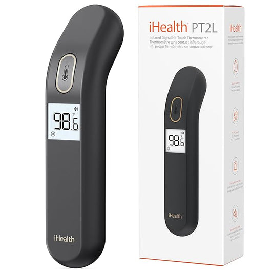 iHealth Touchless Thermometer for Adults and Kids, FSA/HSA Eligible, Color-Coded Alert & Silent Mode, 1-Second Accurate Fever Check, Portable for Home, Travel Use - PT2L Black