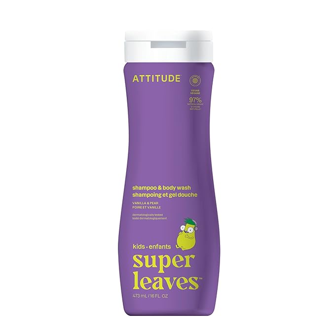 ATTITUDE Shampoo and Body Wash for Kids, EWG Verified Hair and Body Cleanser, Dermatologically Tested Soap, Plant and Mineral Based Bath Products, Vegan, Vanilla & Pear, 16 Fl Oz
