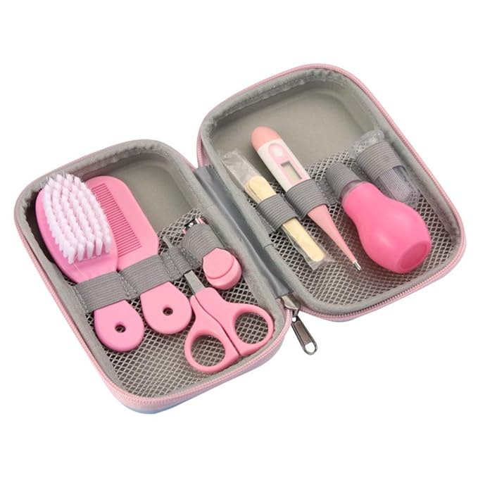 ZELINYE Baby Grooming Kit, 8 in 1 with Brush, Comb, Nail Clipper and File, Nasal Cleaner, Finger Toothbrush, Scissors, Portable Newborn Essentials Set Pink