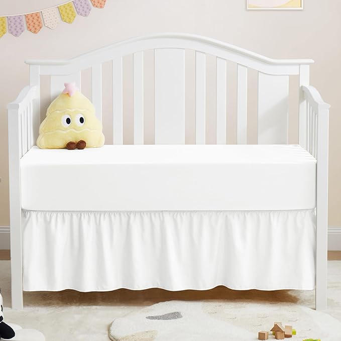 Horbaunal 2 Pack Crib Skirt & Crib Bed Sheet Set, White Crib Bed Skirt 28" x 52" with 14" Drop Dust Ruffle, Soft Microfiber Toddler Bedskirt Nursery Bedding Skirt for Baby Girls and Boys