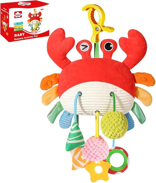Car Seat Toys for Babies 0–12 Months, Hanging Infant Plush Rattle Toy with Mirror & Crinkle Clip-On Activity Toy for Car Seat, Stroller, Crib & Play Gym Baby Gift for Boys & Girls