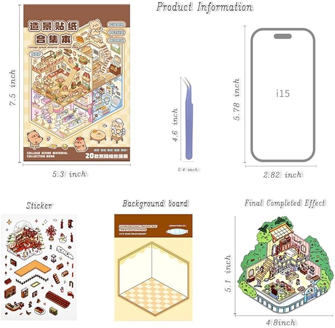 20 Sets DIY 3D Sticker Scenes for Adults Relief Stress, Cute Kawaii 3D House Sticker Therapy for Women Teen Girls Kids Pass The Time, Make Your Own Mini Room Scene Collection Book with Tweezer
