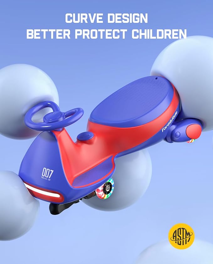 FanttikRide 6V N7 Classic Electric Wiggle Car with Pedal, Rechargeable Battery, Ride on Toys, Swing Car, 2 Speeds, Anti-Rollover, Flashing Light Wheels, Bluetooth, for Ages 3 and Up, 150 Lbs, Blue