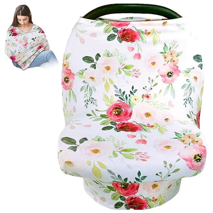 Rquite All-in-1 Car Seat Cover Baby, Carseat Covers for Girl Boy, Stretchy Soft Infant Car Seat Cover, Multi-use Baby Carrier Cover, Car Seat Canopy, Stroller Sun Shade, Nursing Breastfeeding Cover
