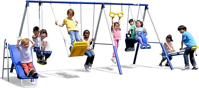 Sportspower Super 9 Metal Swing Set: Teeter Totter, 2 Kid Glide Ride Swing/Roman Glider Swing, Standing Swing + Trapeze Bar, Blow Molded Swing + 5' Wavy Slide Bonus 4pc Anchor Kit*, Blue/Yellow