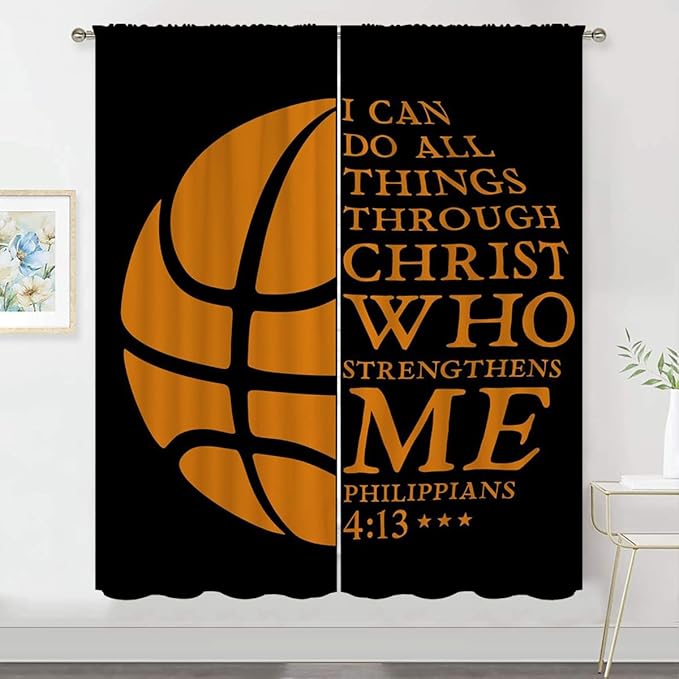 Basketball Blackout Curtains for Boy Girl Room Darkening Decor,Sport Theme and Motto Dark Background Bedroom Living Room Home Rod Pocket Thermal Insulated Window Curtain/Drapes Panel,72x63 Inch…