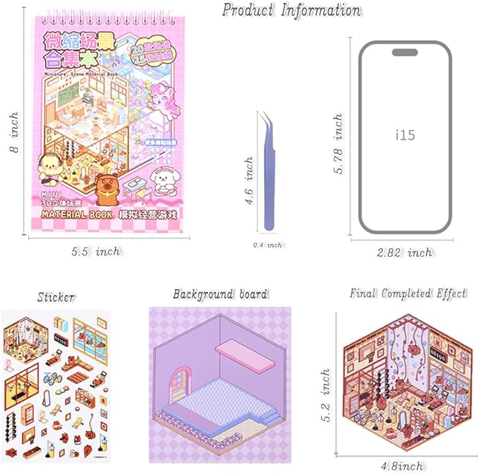 20 Sets DIY 3D Sticker Scenes for Adults with Tweezer, Kawaii 3D House Miniature Sticker Therapy, Make Your Own Mini Room Scene Collection Book for Adult Kids Relief Stress Pass The Time