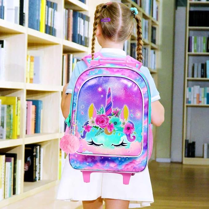 Girls Rolling Backpack, Cute Unicorn Roller Wheels Kids Bookbag - Wheeled Elementary School Bag - 3PCS Unicorn