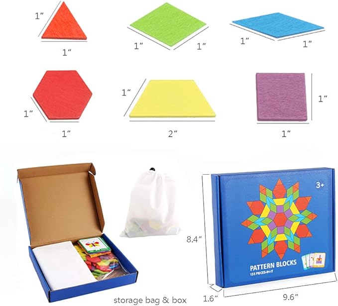 155 Pcs Wooden Pattern Blocks Set Geometric Shape Puzzle Kindergarten Classic Educational Montessori Tangram Toys for Kids Ages 4-8 with 24 Pcs Design Cards